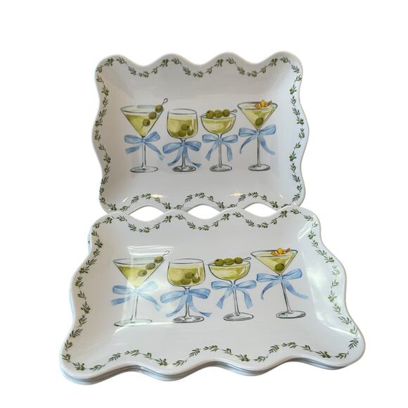 Rachel Zoe Cocktails & Bows Melamine Appetizer Plates 9x6 Set of 4 Scalloped NEW - Picture 12 of 14
